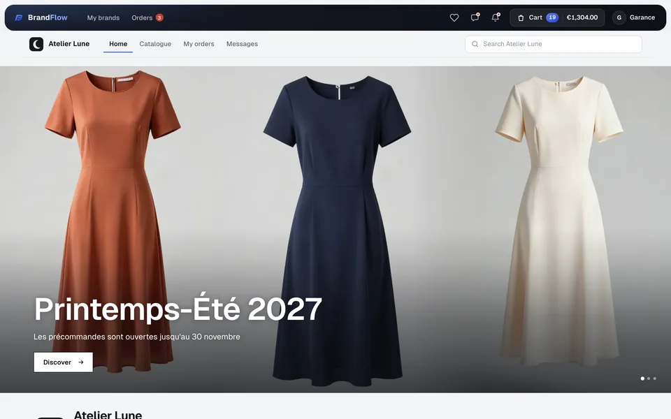 A brand's page in the shops' portal: the Spring-Summer 2027 pre-orders
