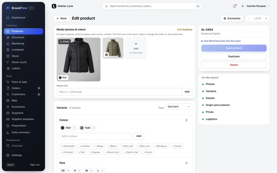 A product page, with its photos and variants