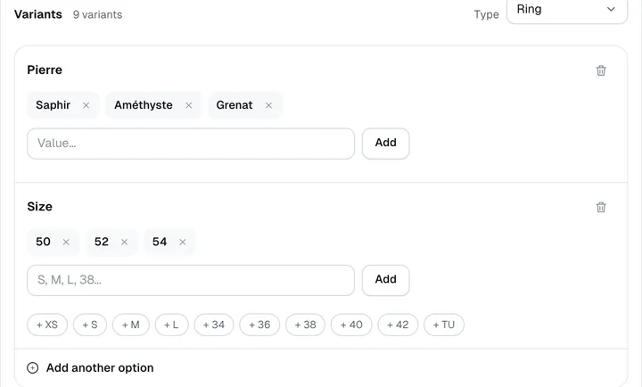A ring in BrandFlow OS: its stones and ring sizes