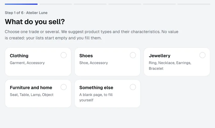 The first-day question: what do you sell? Clothing, shoes, jewellery, furniture and home, something else.