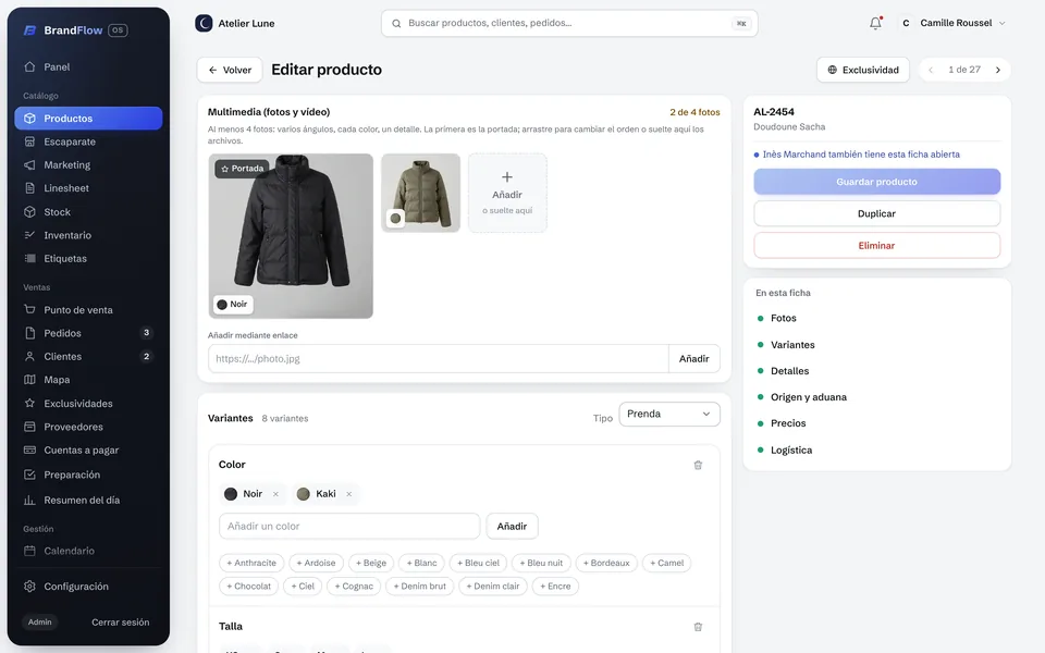 La ficha de un producto, con sus fotos y variantes
