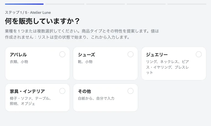 初日の質問：何を販売していますか？アパレル、シューズ、ジュエリー、家具・インテリア、その他。