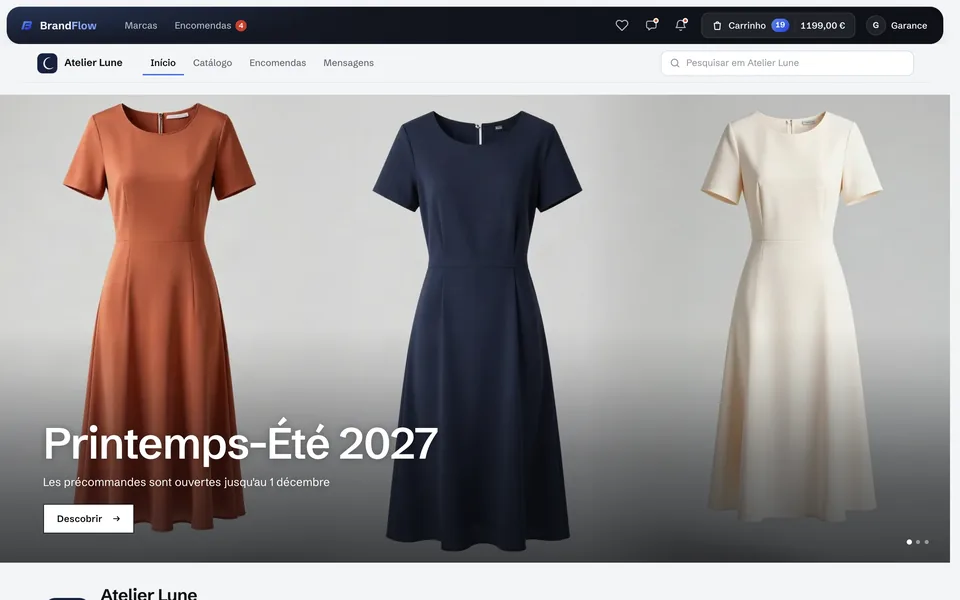 A página de uma marca no portal das lojas: as pré-encomendas Primavera-Verão 2027
