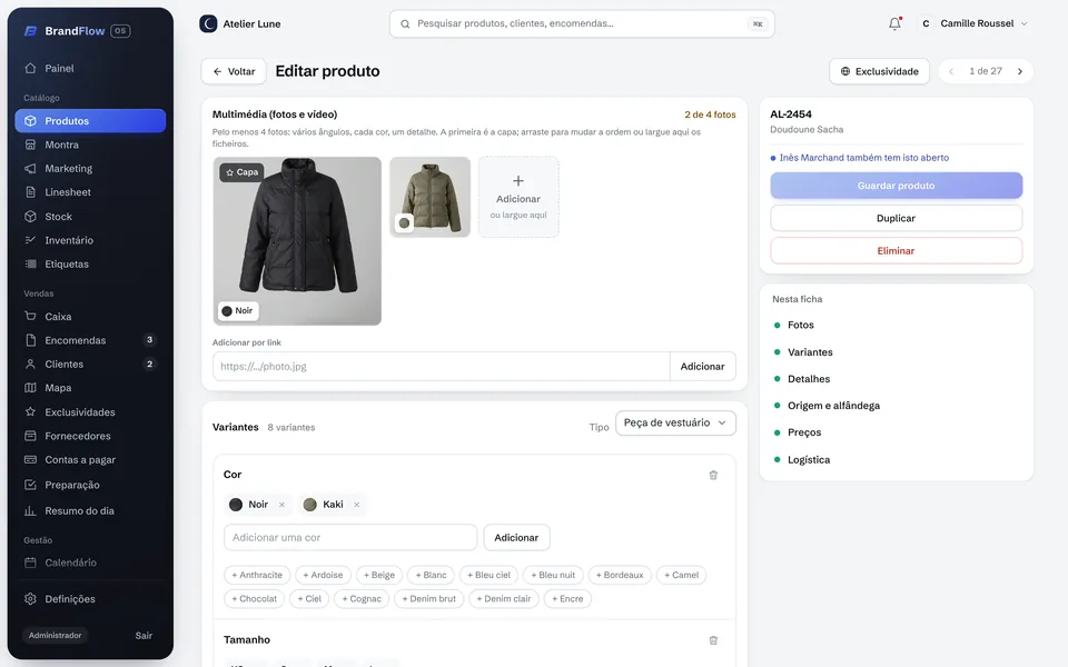 A ficha de um produto, com fotos e variantes