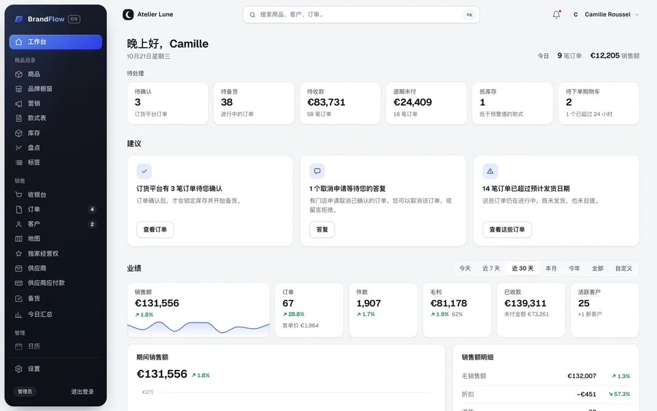 BrandFlow OS 中的品牌工作台：待确认、待备货、待收款的订单。