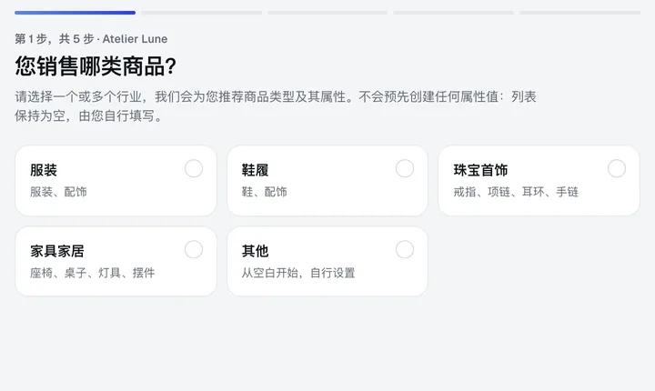 首日设置的问题：您卖什么？服装、鞋履、珠宝、家具家居、其他。
